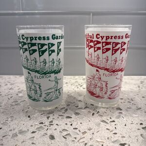 Set Of 2 Vintage MCM Hazel Atlas Souvenir Cypress Gardens Florida Glasses